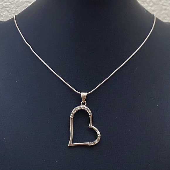 Vintage Signed 925 Italy Sterling Silver Open Heart CZ Pendant Necklace 6.4g - Picture 10 of 16